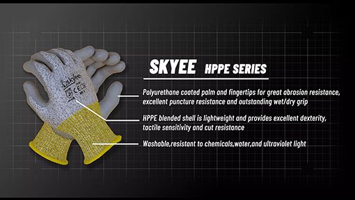ถุงมือ HPPE แบบถักไร้รอยต่อพร้อมด้ามจับเรียบลื่นเคลือบโพลียูรีเทนบนฝ่ามือและนิ้ว